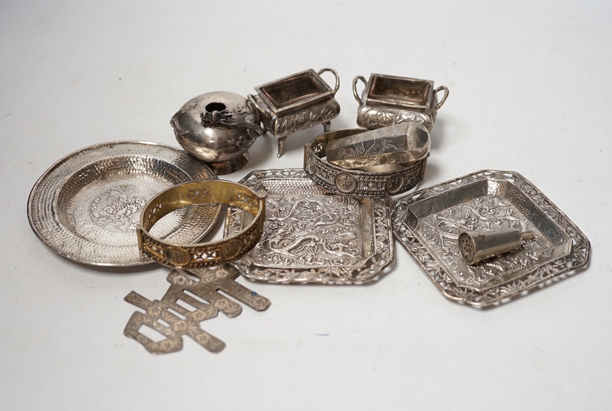 Chinese white metal items including small dishes, pair of salts, box and cover, two bangles etc.